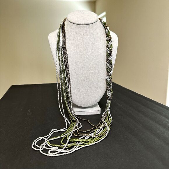 Waterfall Braided Seed Bead Necklace Multi Strand Long Green Silver Gray Copper - Picture 1 of 12